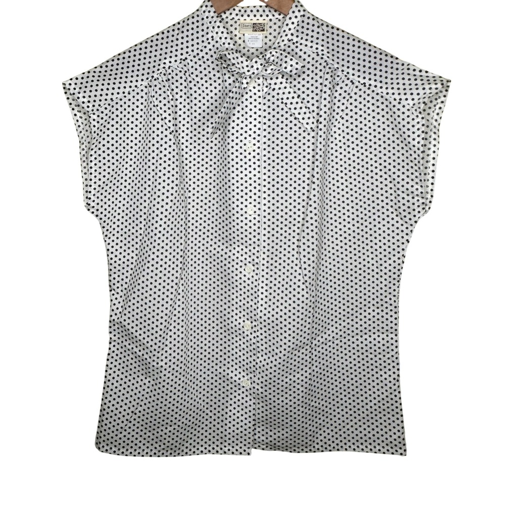 Vintage Sears The Fashion Place Polka Dot Tie Neck Blouse Rockabilly Large